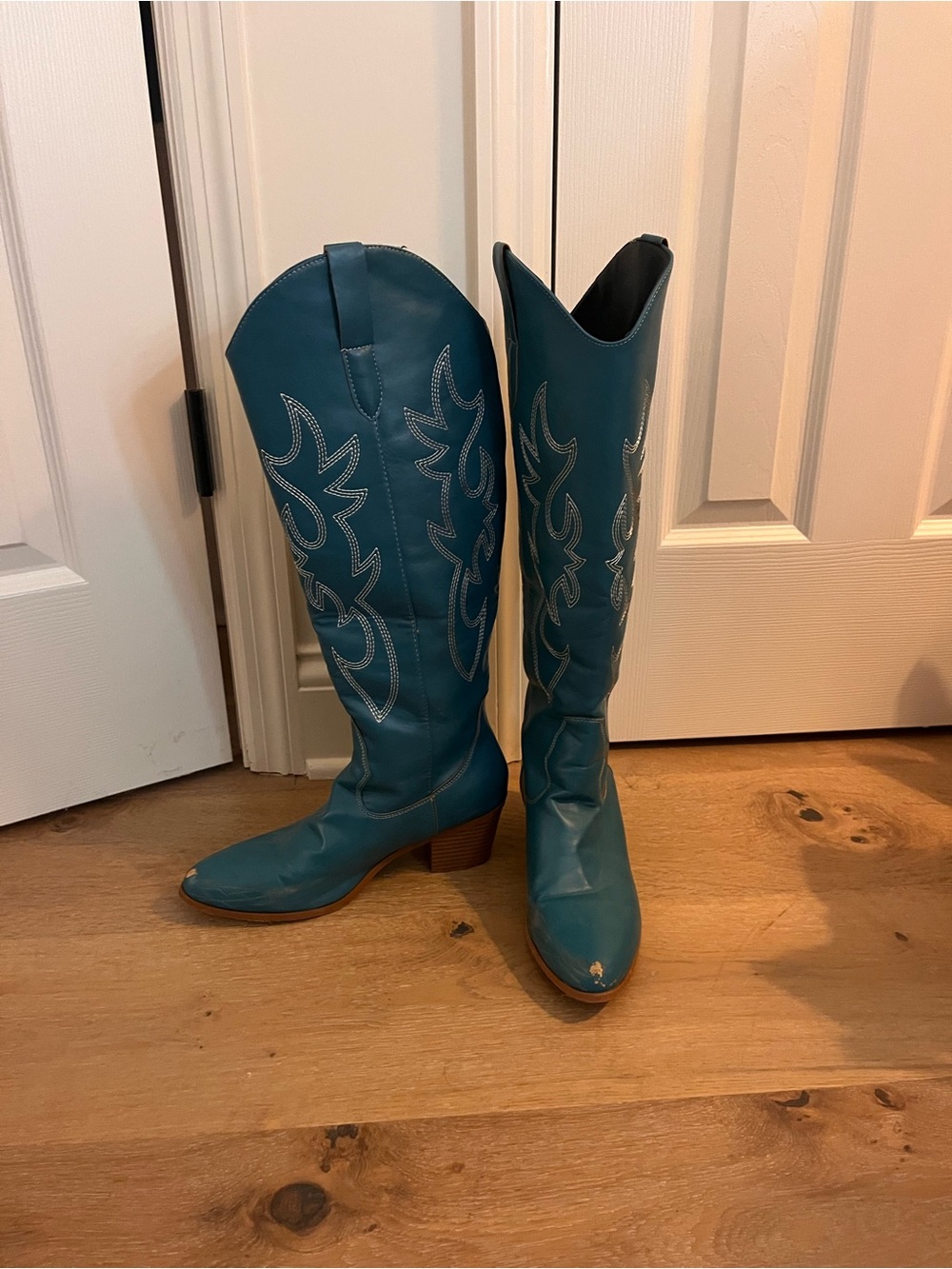 Teal Western Knee-High Boots - Women's Stylish Cowgirl Boots
